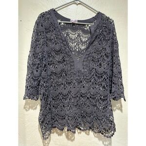 Juniper Ln Womens Crochet Lace Top Charcoal Grey V-Neck Boho Tunic M/L